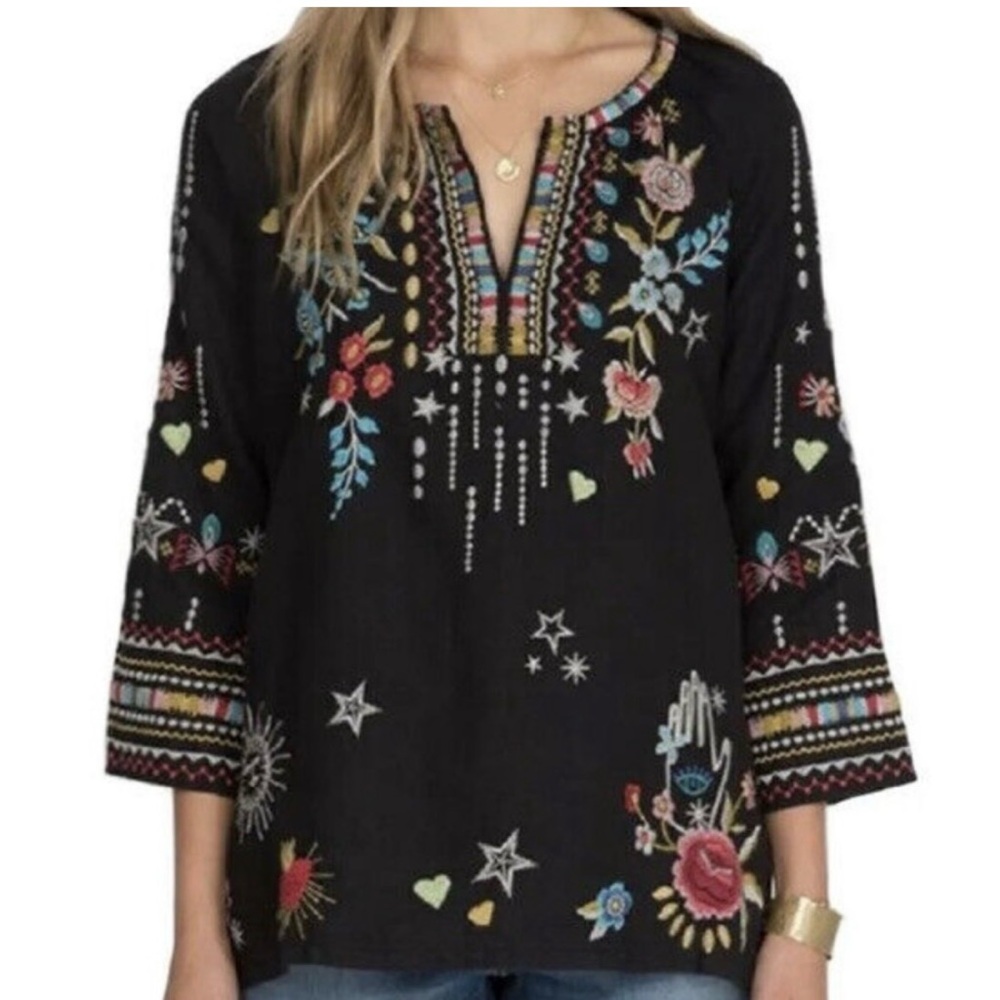 Johnny Was Maris Black Linen Tunic Top Embroidered Extra Small